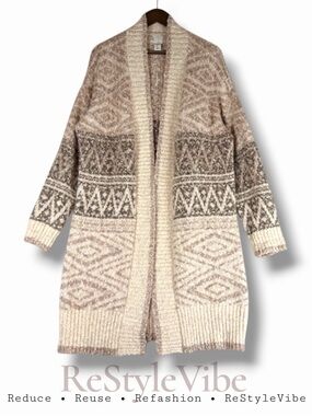 JOIE Women’s Size L Sweater Cardigan Open Front Aztec Western Wool Blend Duster